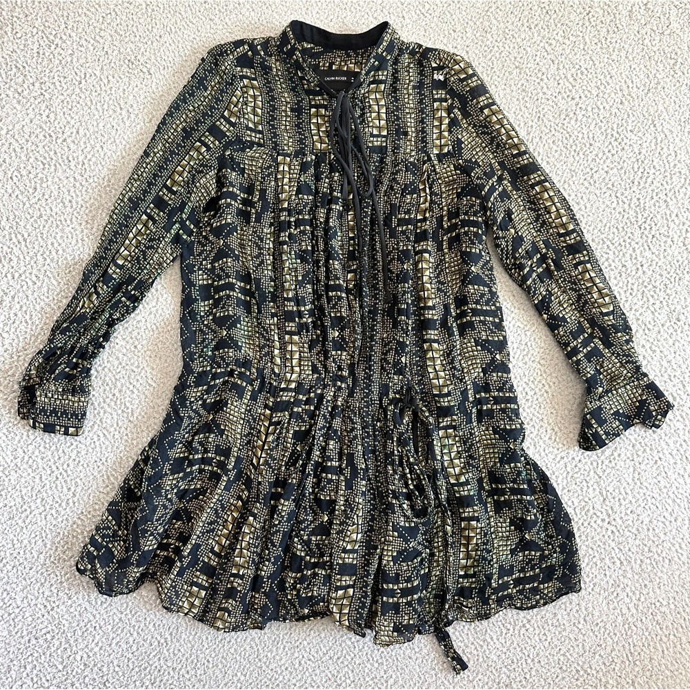 Calvin Rucker 100% Silk Top Blouse Small Tunic Pleated Sheer Belted Black Gold